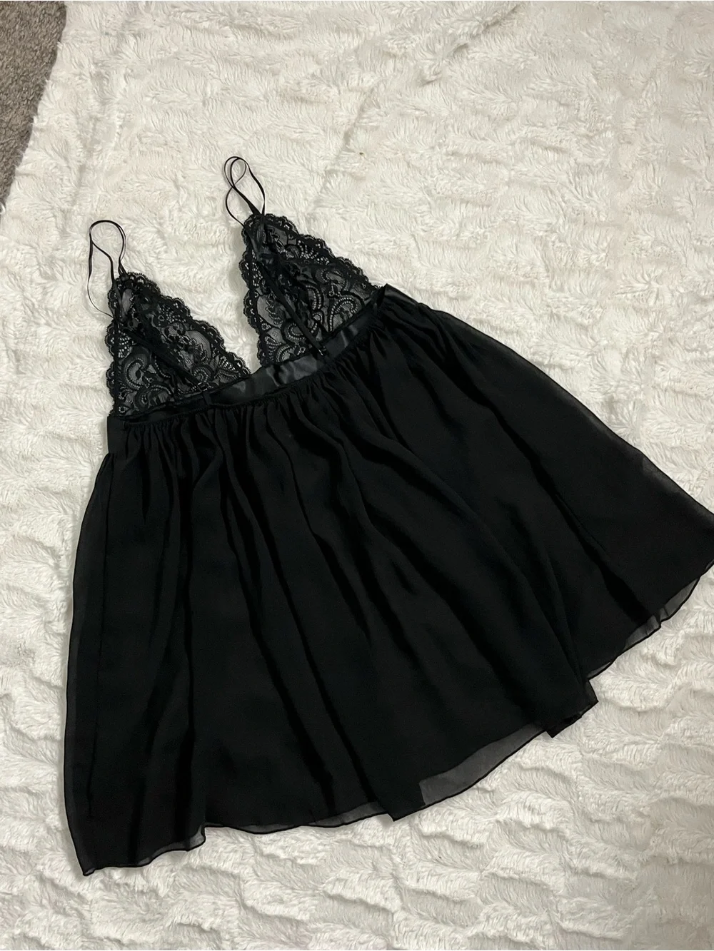 Victorias Secret M Black Lace Babydoll Slip Dress Coquette Bow Sheer Nightgown
